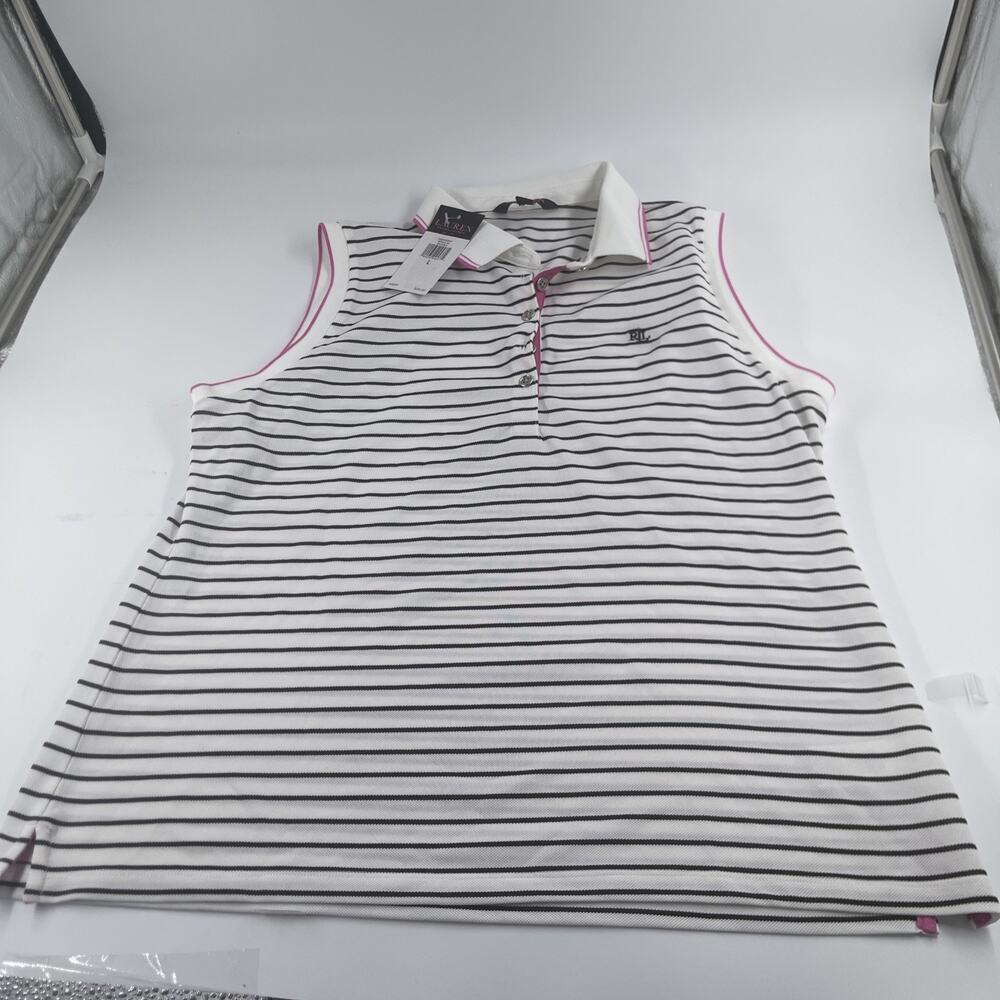 Women’s Ralph Lauren Small Golf White Black Stripe Pink Detail Sleeveless Polo - Picture 5 of 6